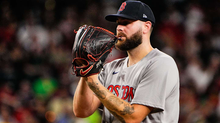 Sep 6, 2025; Phoenix, Arizona, USA;  Former Boston Red Sox pitcher Lucas Giolito (54) pitches against the Arizona Diamondbacks during the third inning at Chase Field.