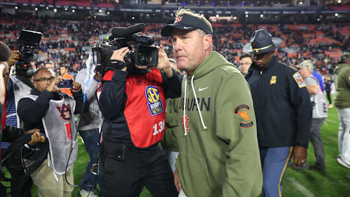Nov 1, 2025; Auburn, Alabama, USA;  Auburn Tigers head coach Hugh Freeze walks off the field after the Tigers lost to Kentucky Wildcats at Jordan-Hare Stadium. Mandatory Credit: John Reed-Imagn Images