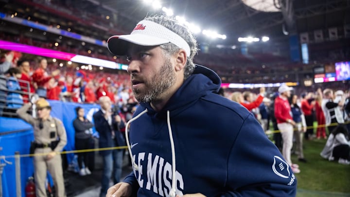 Jan 8, 2026; Glendale, AZ, USA; Mississippi Rebels head coach Pete Golding against the Miami Hurricanes during the 2026 Fiesta Bowl and semifinal game of the College Football Playoff at State Farm Stadium. Mandatory Credit: Mark J. Rebilas-Imagn Images Jan 8, 2026; Glendale, AZ, USA; Mississippi Rebels head coach Pete Golding against the Miami Hurricanes during the 2026 Fiesta Bowl and semifinal game of the College Football Playoff at State Farm Stadium. Mandatory Credit: Mark J. Rebilas-Imagn Images