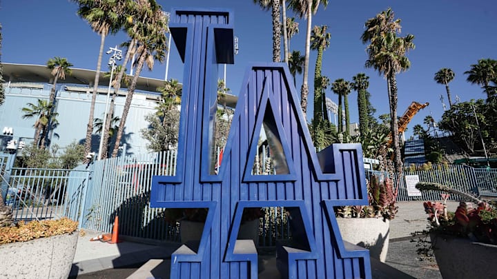 Jul 16, 2020; Los Angeles, California, United States; A general view of LA logo during a Los Angeles Dodgers intrasquad workout at Dodger Stadium. Mandatory Credit: Kirby Lee-Imagn Images Jul 16, 2020; Los Angeles, California, United States; A general view of LA logo during a Los Angeles Dodgers intrasquad workout at Dodger Stadium. Mandatory Credit: Kirby Lee-Imagn Images