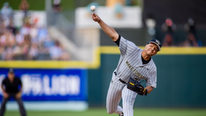 May 24, 2024; Charlotte, NC, USA; Wake Forest pitcher Chase Burns (29) starts against the North Carolina Tar Heels during the ACC Baseball Tournament at Truist Field. Mandatory Credit: Scott Kinser-USA TODAY Sports May 24, 2024; Charlotte, NC, USA; Wake Forest pitcher Chase Burns (29) starts against the North Carolina Tar Heels during the ACC Baseball Tournament at Truist Field. Mandatory Credit: Scott Kinser-USA TODAY Sports