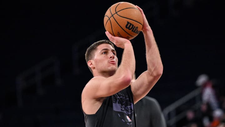 Jan 17, 2026; New York, New York, USA; Phoenix Suns guard Collin Gillespie (12) warms up before a game against the New York Knicks at Madison Square Garden. Mandatory Credit: John Jones-Imagn Images