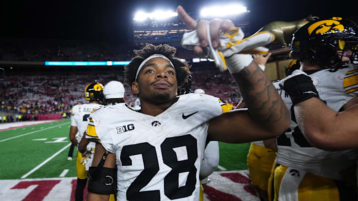 Oct 11, 2025; Madison, Wisconsin, USA; Iowa Hawkeyes running back Kamari Moulton (28) celebrates a win after the game against the Wisconsin Badgers at Camp Randall Stadium. Mandatory Credit: Ross Harried-Imagn Images