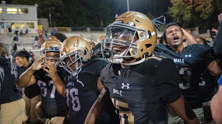 Male celebrates their 35-34 win over St. Xavier after their game on Friday, Sept. 6, 2024 at Male High School in Louisville, Ky. Male celebrates their 35-34 win over St. Xavier after their game on Friday, Sept. 6, 2024 at Male High School in Louisville, Ky.
