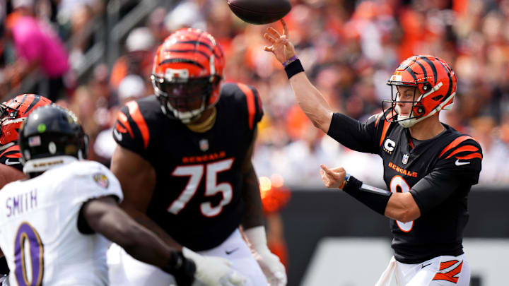 Cincinnati Bengals quarterback Joe Burrow (9) throws in the first quarter of a Week 2 NFL football game between the Baltimore Ravens and the Cincinnati Bengals Sunday, Sept. 17, 2023, at Paycor Stadium in Cincinnati.