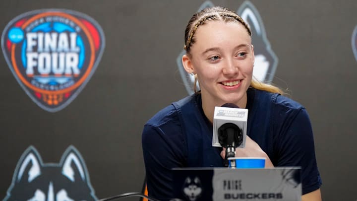 Apr 4, 2024; Cleveland, OH, USA; UConn Huskies guard Paige Bueckers during press conference at Rocket Mortgage FieldHouse. Mandatory Credit: Kirby Lee-Imagn Images