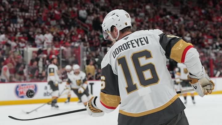 Jun 4, 2026; Raleigh, North Carolina, USA; Vegas Golden Knights right wing Pavel Dorofeyev (16) warms up before a game against the Carolina Hurricanes in game two of the 2026 Stanley Cup Final at Lenovo Center. Mandatory Credit: James Guillory-Imagn Images