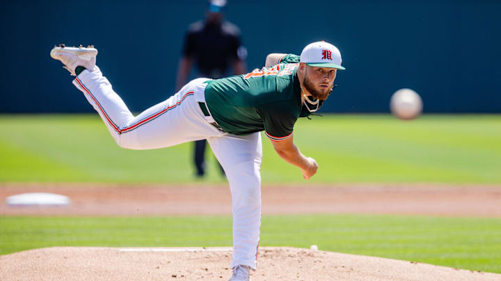 May 23, 2024; Charlotte, NC, USA; Miami (FL) Hurricanes pitcher Gage Ziehl (31) pitches against the Clemson Tigers during the ACC Baseball Tournament at Truist Field. Mandatory Credit: Scott Kinser-Imagn Images