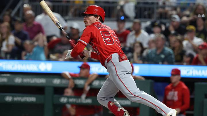 Sep 4, 2026; Pittsburgh, Pennsylvania, USA; Los Angeles Angels right fielder Wade Meckler (53) hits single against the Pittsburgh Pirates during the fourth inning at PNC Park. Mandatory Credit: Charles LeClaire-Imagn Images Sep 4, 2026; Pittsburgh, Pennsylvania, USA; Los Angeles Angels right fielder Wade Meckler (53) hits single against the Pittsburgh Pirates during the fourth inning at PNC Park. Mandatory Credit: Charles LeClaire-Imagn Images