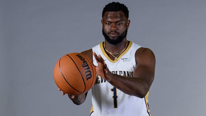 Sep 30, 2024; New Orleans, LA, USA; New Orleans Pelicans forward Zion Williamson (1) takes part in Pelicans Media Day.