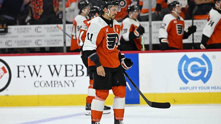 Sep 30, 2026; Philadelphia, Pennsylvania, USA; Philadelphia Flyers right wing Travis Konecny (11) skates off the ice after loss to the Pittsburgh Penguins at Xfinity Mobile Arena.