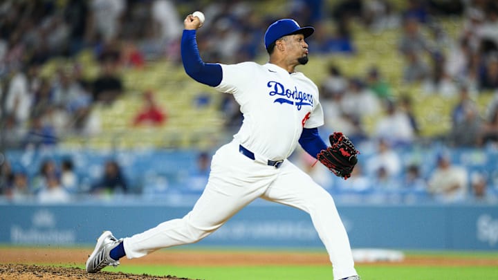 Aug 5, 2025; Los Angeles, California, USA; Los Angeles Dodgers relief pitcher Alexis Diaz (40) delivers during the ninth inning against the St. Louis Cardinals at Dodger Stadium. Mandatory Credit: William Liang-Imagn Images