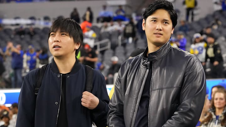 Dec 21, 2023; Inglewood, California, USA; Los Angeles Dodgers player Shohei Ohtani (right) and
