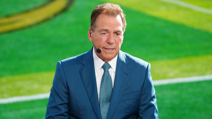 Jan 1, 2025; Pasadena, California, USA; Nick Saban on the ESPN Gameday set at Rose Bowl Stadium. Mandatory Credit: Kirby Lee-Imagn Images