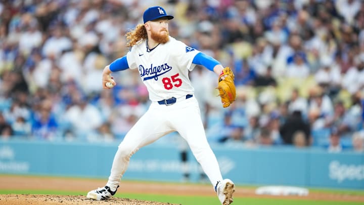 Jul 3, 2025; Los Angeles, California, USA; Los Angeles Dodgers starting pitcher Dustin May (85) throws a pitch during the third inning against the Chicago White Sox at Dodger Stadium. Mandatory Credit: Kirby Lee-Imagn Images 