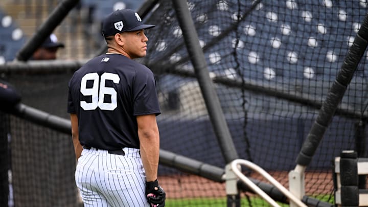 Feb 17, 2024; Tampa, FL, USA; New York Yankees catcher Agustin Ramirez (96) prepares to take batting practice at George M. Steinbrenner Field.