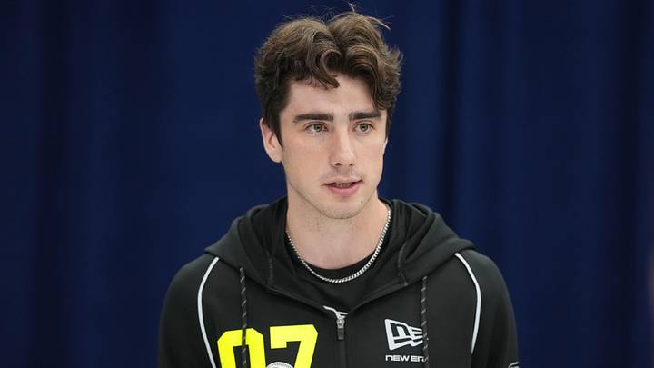 Feb 25, 2026; Indianapolis, IN, USA; Michigan place kicker Dominic Zvada (PK07) speaks during the NFL Scouting Combine at the Indiana Convention Center. Mandatory Credit: Kirby Lee-Imagn Images