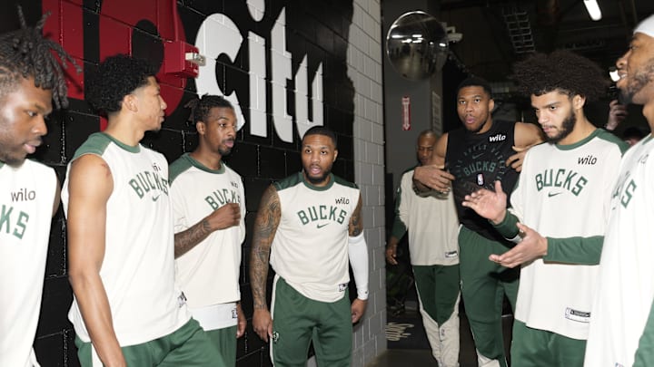 Jan 28, 2025; Portland, Oregon, USA; Milwaukee Bucks point guard Damian Lillard (0) speaks in a huddle before the game against the Portland Trail Blazers at Moda Center. Mandatory Credit: Soobum Im-Imagn Images