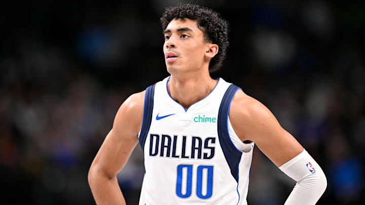 Jan 17, 2026; Dallas, Texas, USA; Dallas Mavericks guard Max Christie (00) looks on during the second half against the Utah Jazz at the American Airlines Center. Mandatory Credit: Jerome Miron-Imagn Images