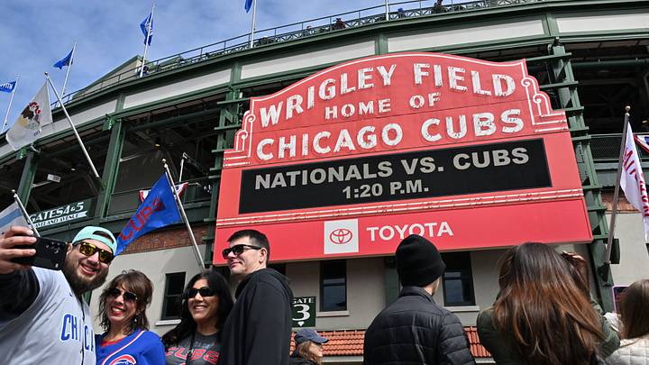 Mar 28, 2026; Chicago, Illinois, USA; Fans take a selfie in front of the marquee prior to a game between the Washington Nationals and the Chicago Cubs at Wrigley Field. Mandatory Credit: Patrick Gorski-Imagn Images Mar 28, 2026; Chicago, Illinois, USA; Fans take a selfie in front of the marquee prior to a game between the Washington Nationals and the Chicago Cubs at Wrigley Field. Mandatory Credit: Patrick Gorski-Imagn Images