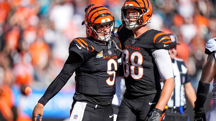Cincinnati Bengals quarterback Joe Burrow (9) and tight end Mike Gesicki (88) celebrate a Burrow touchdown rush in the fourth quarter of the NFL Week 4 game between the Cincinnati Bengals and the Jacksonville Jaguars at Paycor Stadium in Cincinnati on Sunday, Oct. 4, 2026. The Bengals fell to 2-2 on the season with a 22-17 loss at home. Cincinnati Bengals quarterback Joe Burrow (9) and tight end Mike Gesicki (88) celebrate a Burrow touchdown rush in the fourth quarter of the NFL Week 4 game between the Cincinnati Bengals and the Jacksonville Jaguars at Paycor Stadium in Cincinnati on Sunday, Oct. 4, 2026. The Bengals fell to 2-2 on the season with a 22-17 loss at home.