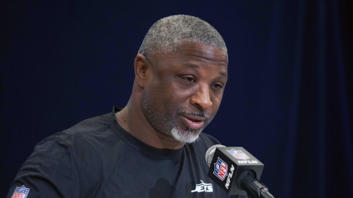 Feb 25, 2025; Indianapolis, IN, USA; New York Jets coach Aaron Glenn speaks during the NFL Scouting Combine at the Indiana Convention Center. Mandatory Credit: Kirby Lee-Imagn Images
