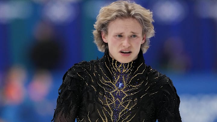 Feb 13, 2026; Milan, Italy; Ilia Malinin of the United States of America reacts after competing in the men’s singles free program during the Milano Cortina 2026 Olympic Winter Games at Milano Ice Skating Arena.