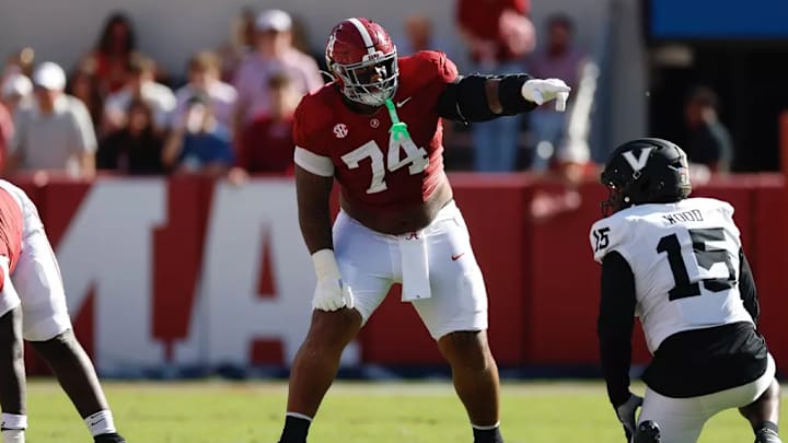 Alabama Offensive Lineman Kadyn Proctor (74) in action against Vanderbilt at Bryant-Denny Stadium in Tuscaloosa, AL on Saturday, Oct 4, 2025.
