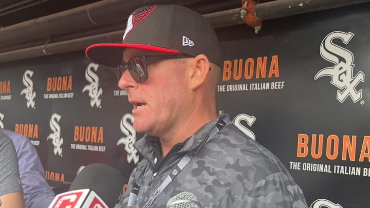 White Sox senior adviser to pitching Brian Bannister speaks Friday at Rate Field. White Sox senior adviser to pitching Brian Bannister speaks Friday at Rate Field.