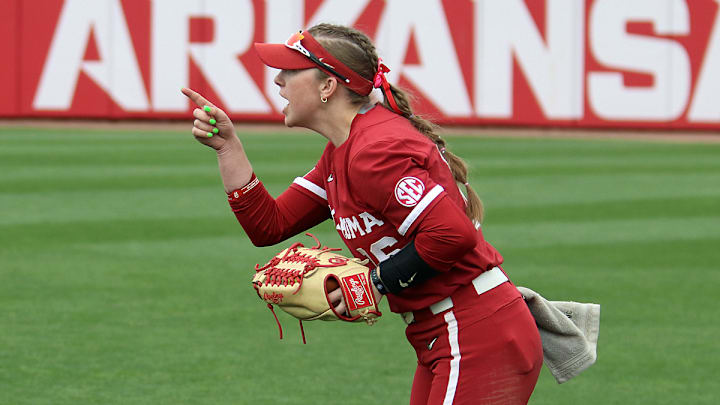 Oklahoma outfielder Abby Dayton celebrates an out.
