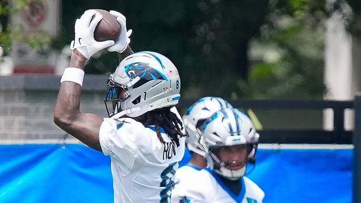 Carolina Panthers cornerback Jaycee Horn (8) goes up for a catch Carolina Panthers cornerback Jaycee Horn (8) goes up for a catch
