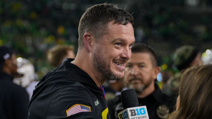 Oregon Ducks coach Dan Lanning reacts after Oregon's 39-18 win over Maryland, advancing to 10-0 for the first time since 2012. 