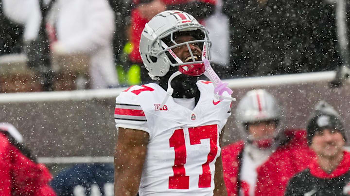 Ohio State Buckeyes wide receiver Carnell Tate (17) celebrates in the second half of the NCAA football game against the Michigan Wolverines at Michigan Stadium on Saturday, Nov. 29, 2025 in Ann Arbor, Michigan.