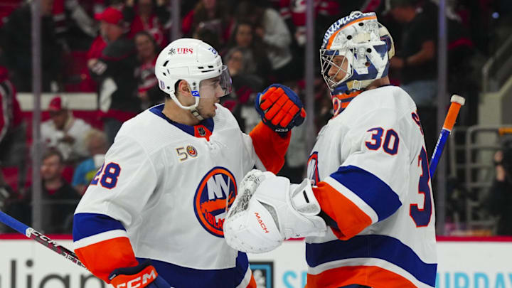 Apr 25, 2023; Raleigh, North Carolina, USA; New York Islanders goaltender Ilya Sorokin (30) and