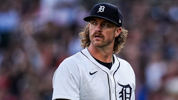 Detroit Tigers pitcher Chris Paddack (40) walks off the field after pitching second inning against Minnesota Twins at Comerica Park in Detroit in Tuesday, August 5, 2025.