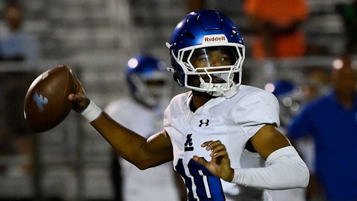 Antioch quarterback Andre Adams (10) passes against Centennial during a high school football game Friday, Sept. 19, 2025, in Franklin, Tenn.