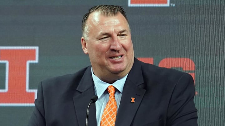 Jul 27, 2022; Indianapolis, IN, USA; Illinois Fighting Illini head coach Bret Bielema talks to the media during Big 10 football media days at Lucas Oil Stadium. Mandatory Credit: Robert Goddin-Imagn Images