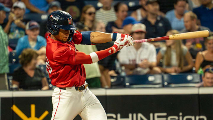 Worcester’s Kristian Campbell hits a two-run home run in the fifth inning against Lehigh Valley July 29 at Polar Park. Worcester’s Kristian Campbell hits a two-run home run in the fifth inning against Lehigh Valley July 29 at Polar Park.