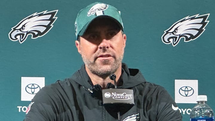 Eagles OC Kevin Patullo speaks with reporters before an OTA practice on May 28, 2025. Eagles OC Kevin Patullo speaks with reporters before an OTA practice on May 28, 2025.
