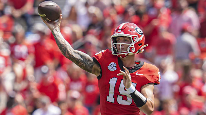 Sep 7, 2024; Athens, Georgia, USA; Georgia Bulldogs quarterback Carson Beck (15) passes the ball against the Tennessee Tech Golden Eagles during the first half at Sanford Stadium. Mandatory Credit: Dale Zanine-Imagn Images Sep 7, 2024; Athens, Georgia, USA; Georgia Bulldogs quarterback Carson Beck (15) passes the ball against the Tennessee Tech Golden Eagles during the first half at Sanford Stadium. Mandatory Credit: Dale Zanine-Imagn Images