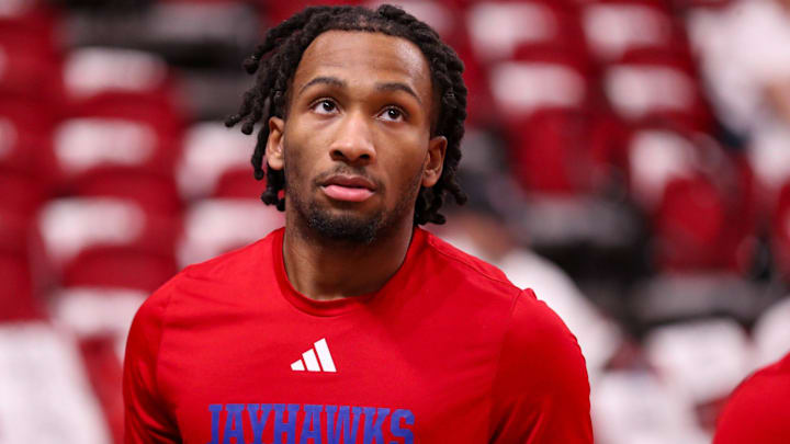 Kansas' Darryn Peterson warms up before a Big 12 Conference men's basketball game, Monday, Feb. 2, 2026, at United Supermarkets Arena.