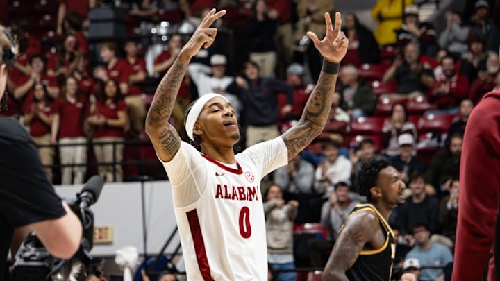 Alabama guard Labaron Philon Jr. celebrates a made three in the second half of the game against Missouri on Jan. 27, 2026.
