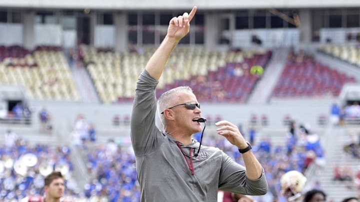 Sep 14, 2024; Tallahassee, Florida, USA; Florida State Seminoles head coach Mike Norvell before a game against the Memphis Tigers at Doak S. Campbell Stadium. Mandatory Credit: Melina Myers-Imagn Images