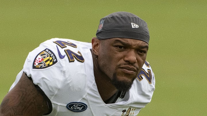 Aug 19, 2020; Owings Mills, Maryland, USA; Baltimore Ravens cornerback Jimmy Smith (22) warms up before the morning session of training camp at Under Armour Performance Center. Mandatory Credit: Tommy Gilligan-Imagn Images