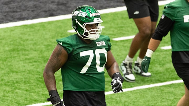 May 9, 2025; Florham Park, NJ, USA; New York Jets rookie offensive tackle Armand Membou (70) participates in a drill during the minicamp at Atlantic Health Jets Training Center. Mandatory Credit: Thomas Salus-Imagn Images May 9, 2025; Florham Park, NJ, USA; New York Jets rookie offensive tackle Armand Membou (70) participates in a drill during the minicamp at Atlantic Health Jets Training Center. Mandatory Credit: Thomas Salus-Imagn Images