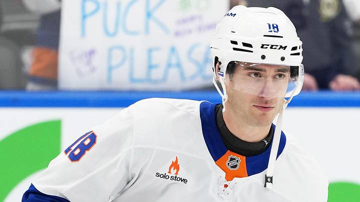 Dec 31, 2024; Toronto, Ontario, CAN; New York Islanders left wing Pierre Engvall (18) skates during the warmup before a game against the Toronto Maple Leafs at the Scotiabank Arena. Mandatory Credit: Nick Turchiaro-Imagn Images