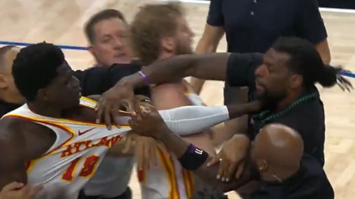 A near brawl in the Wolves-Hawks game Monday night in Minneapolis. 