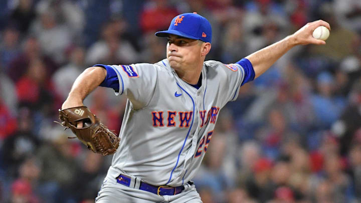 Sep 22, 2023; Philadelphia, Pennsylvania, USA; New York Mets relief pitcher Brooks Raley (25) throws a pitch during the ninth inning against the Philadelphia Phillies at Citizens Bank Park.