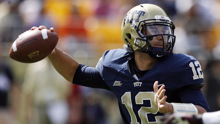 September 15, 2012; Pittsburgh, PA, USA; Pittsburgh Panthers quarterback Tino Sunseri (12) passes the ball against the Virginia Tech Hokies during the fourth quarter at Heinz Field. The Pittsburgh Panthers won 35-17. Mandatory Credit: Charles LeClaire-Imagn Images