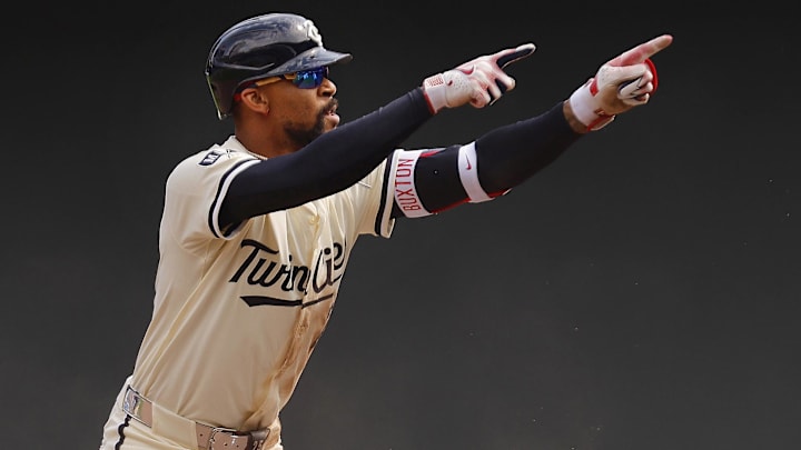 Minnesota Twins center fielder Byron Buxton celebrates his double against the Detroit Tigers in the sixth inning at Target Field in Minneapolis on April 13, 2025. Minnesota Twins center fielder Byron Buxton celebrates his double against the Detroit Tigers in the sixth inning at Target Field in Minneapolis on April 13, 2025.